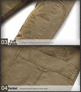 Detail of khaki cotton jacket showing reinforced sleeve patches and flap pocket design
