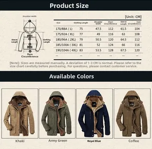 Size guide for men's winter hooded parka with detailed measurements and color options