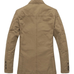 Rear view of khaki cotton jacket showing elbow patches and stitched back seam details