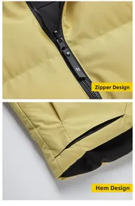 Detail of yellow stand collar vest featuring high-quality zipper and smooth hem finish