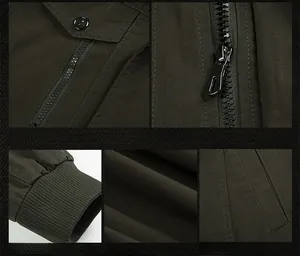 Detail view of olive green cotton jacket showing ribbed cuffs and metal zippers