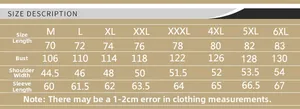 Detailed size chart for men winter cotton jacket ranging from size M to 6XL with measurements