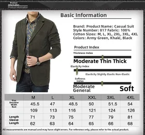 Detailed size chart for men cotton casual blazers showing measurements from M to 4XL