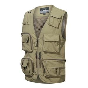 Gilet de pêche kaki pour homme avec plusieurs poches et doublure en maille aérée
