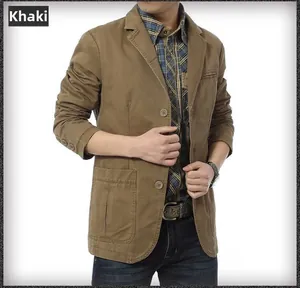 Detail of khaki men casual blazer with three-button closure and classic lapel front pockets