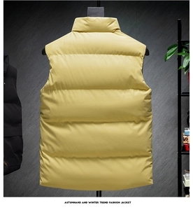 Rear view of yellow padded vest featuring horizontal quilting and a high stand-up collar