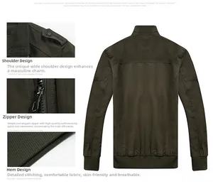 Detail view of military green cotton jacket showing shoulder epaulets and ribbed hem