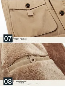 Detail of cargo jacket front flap pocket and warm fleece lining with internal pocket