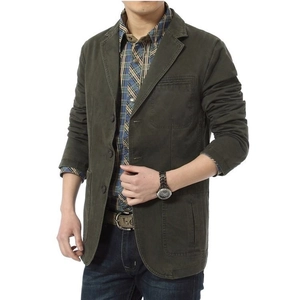 Men's olive green casual cotton blazer with three-button closure and patch pockets