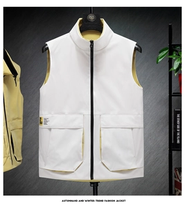 Detail of stand-up collar vest with contrast yellow lining and urban woven label