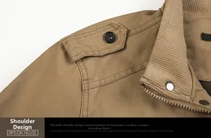 Detail of khaki cotton jacket showing shoulder epaulets and ribbed knit stand collar