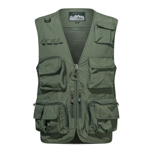 Gilet de Plein Air pour Hommes à Poches Multiples Pêche Photographie Nylon Col en V Fermeture Éclair Doublure en Mesh Cargo Haut