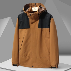Coupe-vent imperméable extérieur bicolore jaune et noir avec capuche réglable pour randonnée