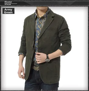Detail of army green men's cotton casual blazer jacket featuring a single-breasted design