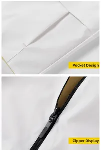 Detailed view of side pockets and black zipper closure on white casual vest