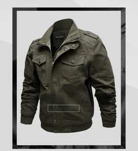 Detail of military green cotton jacket showing stand collar, epaulets and cargo pockets