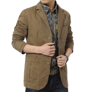 Men's light brown casual cotton blazer with two-button design and rounded hemline