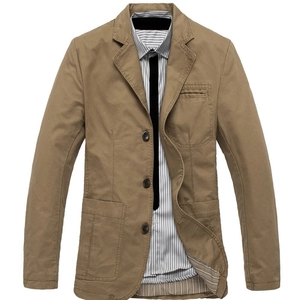 Detail view of khaki cotton casual blazer with notched lapels and three-button closure