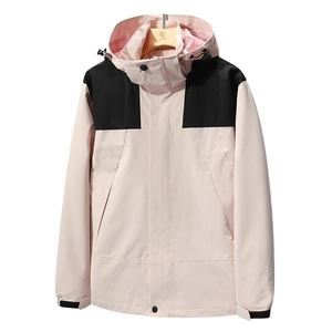 Veste outdoor imperméable rose et noire avec capuche réglable et tissu coupe-vent