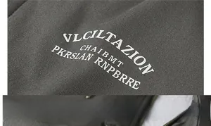 Detail of windproof work jacket showing heavy cotton twill fabric and white printed logo
