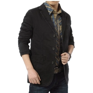 Men's casual black cotton blazer jacket with three-button closure and side pockets