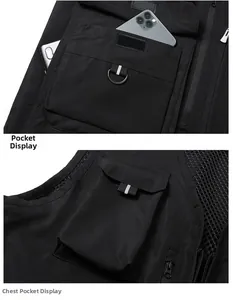 Detail view of tactical fishing vest showing velcro pockets, D-rings and mesh lining
