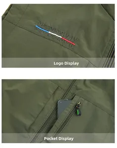 Detail of dark green quick-dry vest showing outdoor embroidery and zipper pocket