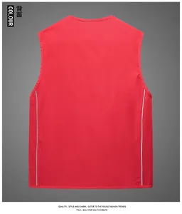 Back view of a red outdoor vest with grey reflective strips for high visibility and safety