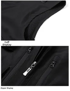 Detail view of tactical vest showing mesh lining on sleeve and multiple zipper pockets