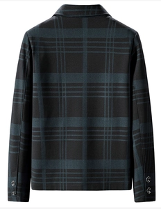 Rear view of men's dark green plaid jacket featuring textured fabric and buttoned cuffs