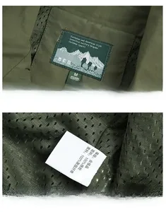 Detail of army green outdoor vest showing breathable mesh lining and fabric care label