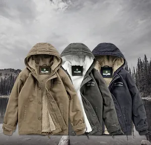 Detail of fleece lining and zipper closure on men's khaki, green, and blue winter jackets