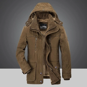 Men's winter thick padded parka jacket with plush lining and multiple pockets in khaki brown