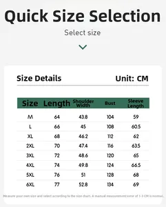 Detailed men's casual jacket size chart with measurements from M to 6XL in centimeters