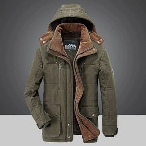 Army green men's winter hooded jacket with thick fleece lining and multiple pockets