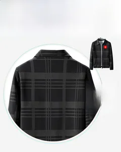 Close-up of classic grey plaid pattern and zip-up collar detail on men's jacket