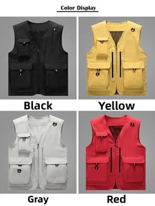 Vue détaillée des gilets d'extérieur multi-poches en noir, jaune, gris et rouge