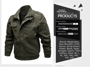 Detailed parameter chart showing the cotton fabric texture and military jacket features