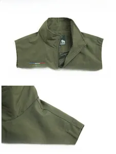 Detail of army green outdoor vest showing stand collar and high-quality embroidered logo