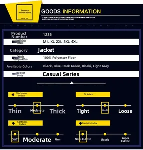 Detailed chart showing casual jacket specifications, material info and sizing parameters