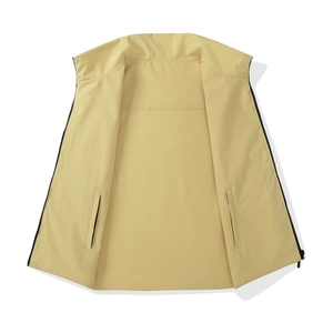 Men's casual khaki stand collar vest jacket with zipper closure and windproof fabric