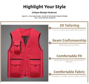 Detail of red utility fishing vest with multiple pockets and breathable mesh lining