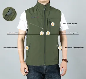Detailed front view of army green fishing vest featuring multiple utility pockets