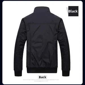 Rear view of black stand collar jacket featuring windproof fabric and ribbed cuffs and hem