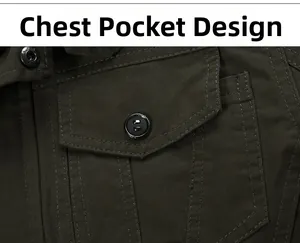 Detail of army green cotton jacket showing the tactical cargo chest pocket and matte button
