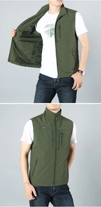 Detail of military green quick-dry vest showing breathable mesh lining and zipper pockets