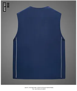 Back view of navy blue multi-pocket outdoor vest with thin white vertical stripes