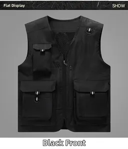 Vue de face du gilet de pêche noir multiboches pour homme avec maille respirante