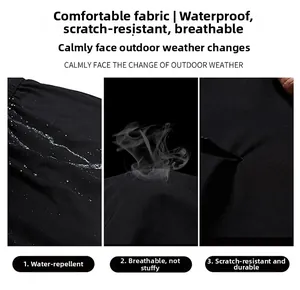 Detail showing waterproof, breathable and scratch-resistant fabric on black jacket