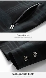 Detailed view of the functional zipper pocket and decorative buttons on a plaid jacket